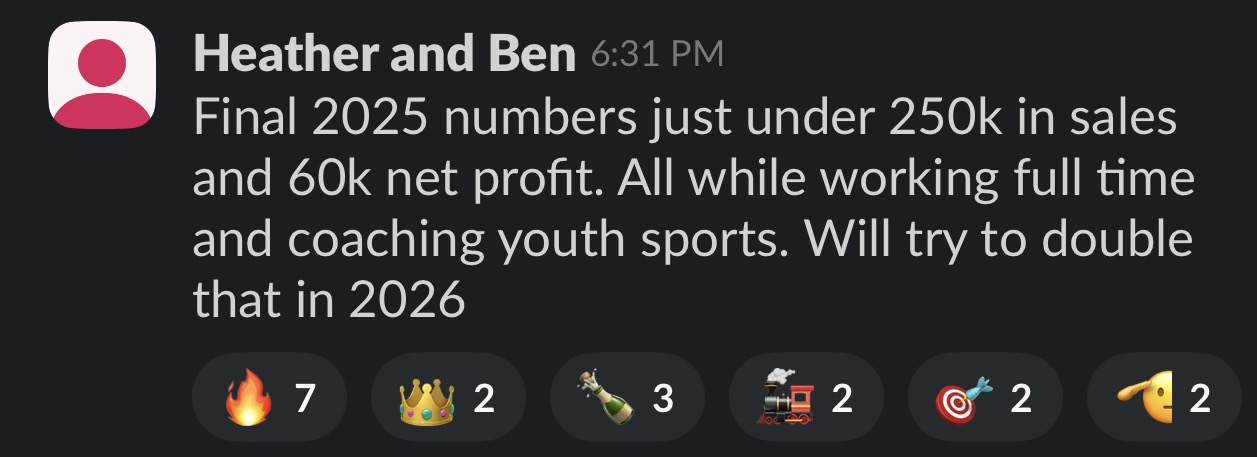 Heather and Ben — just under $250k in sales and $60k net profit in 2025