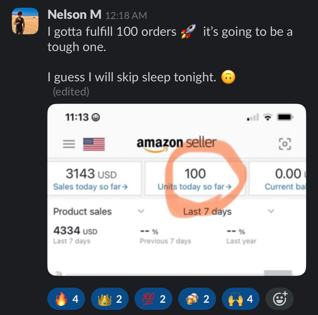 Nelson — 100 orders and $3,143 in sales in one day